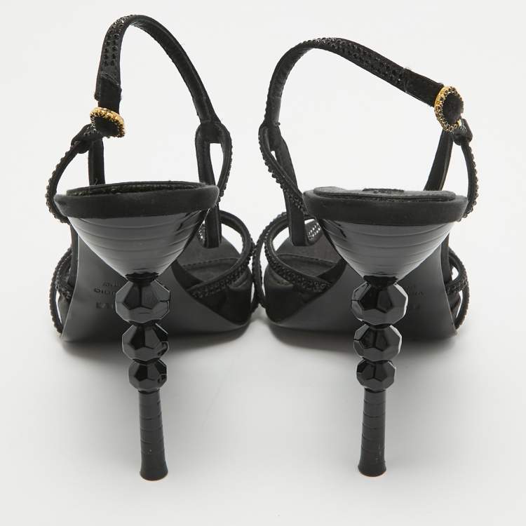Pre Owned Le Silla Black Crystal Embellished Satin Slingback Sandals Size 38