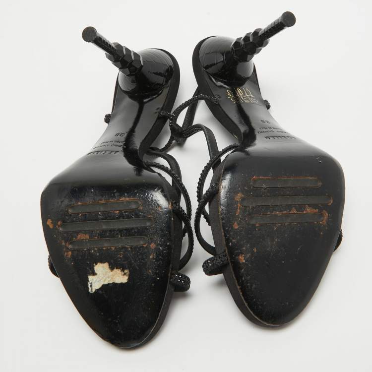 Pre Owned Le Silla Black Crystal Embellished Satin Slingback Sandals Size 38