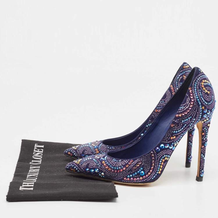 Pre Owned Le Silla Navy Blue Suede Crystal Embellished Pointed Toe Pumps Size 38