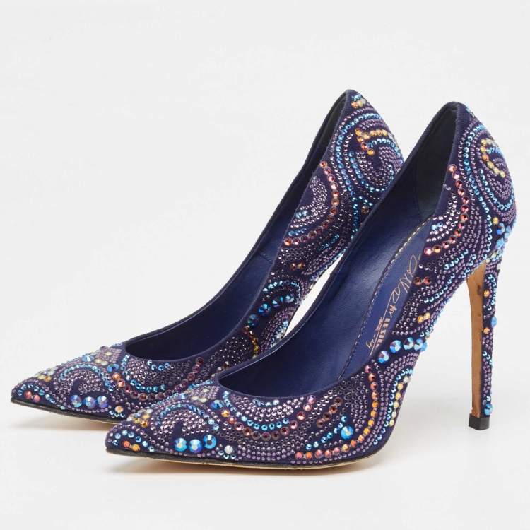 Pre Owned Le Silla Navy Blue Suede Crystal Embellished Pointed Toe Pumps Size 38