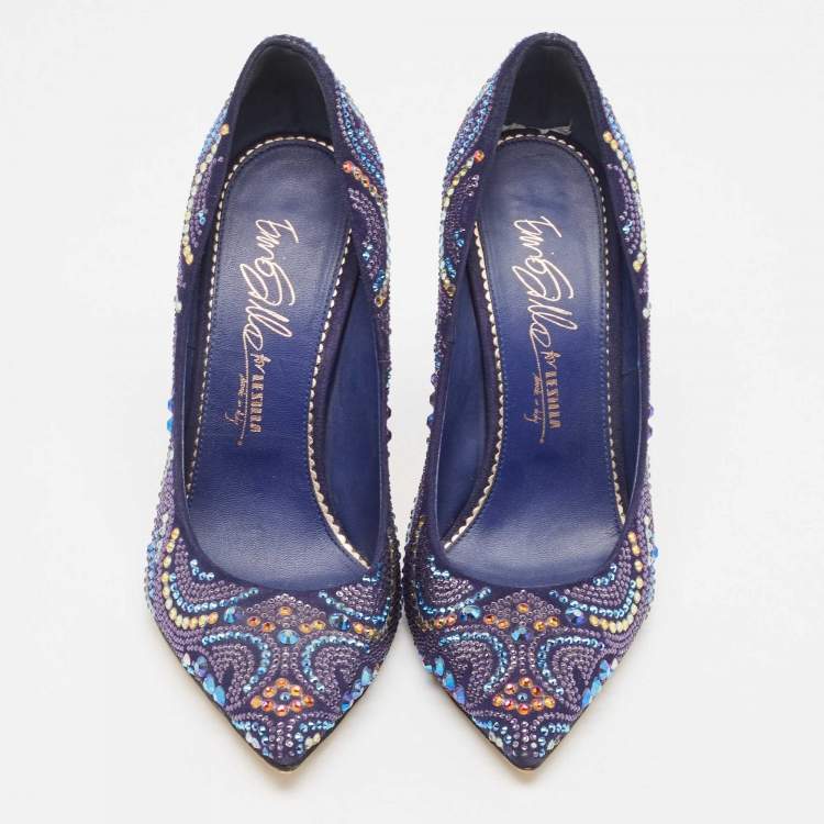 Pre Owned Le Silla Navy Blue Suede Crystal Embellished Pointed Toe Pumps Size 38