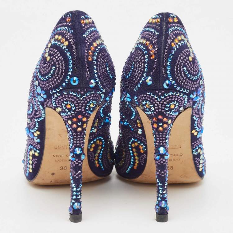 Pre Owned Le Silla Navy Blue Suede Crystal Embellished Pointed Toe Pumps Size 38