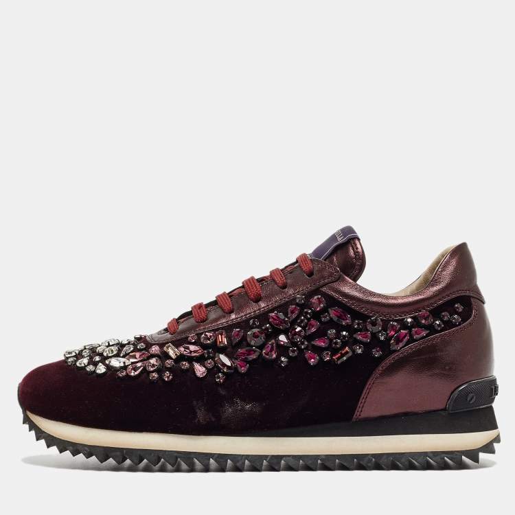 Pre Owned Le Silla Purple Velvet and Leather Crystal Embellished Low Top Sneakers Size 39