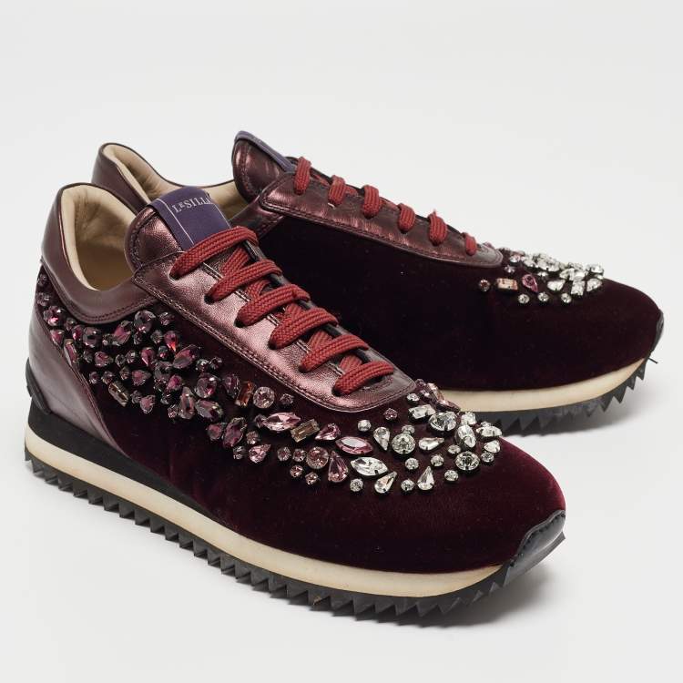 Pre Owned Le Silla Purple Velvet and Leather Crystal Embellished Low Top Sneakers Size 39