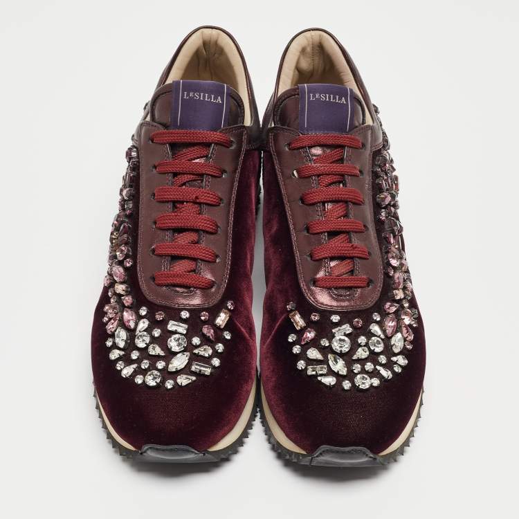 Pre Owned Le Silla Purple Velvet and Leather Crystal Embellished Low Top Sneakers Size 39