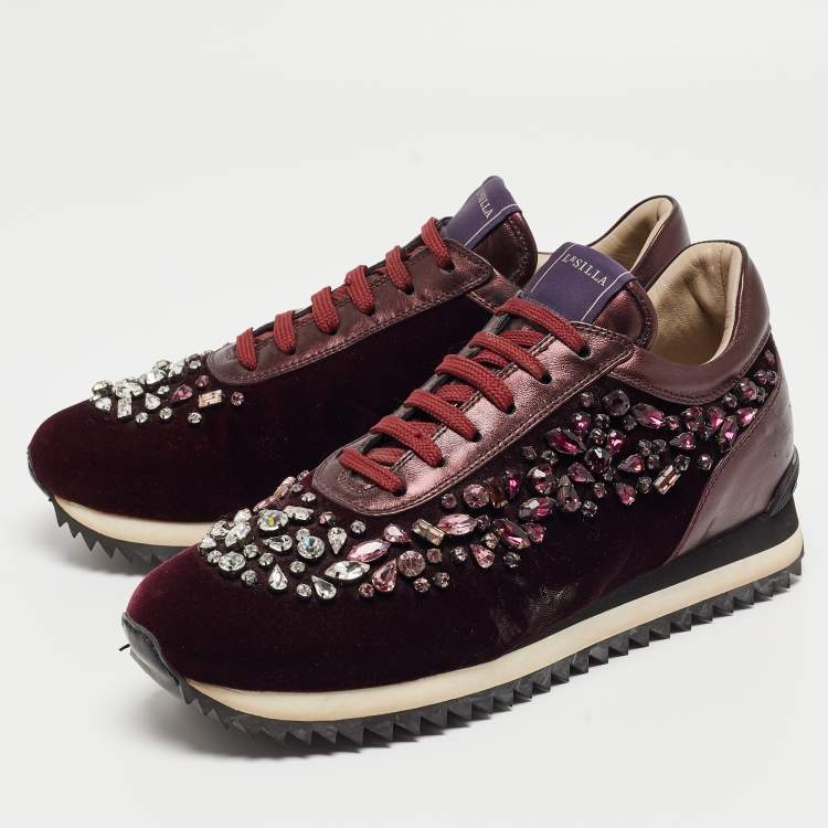 Pre Owned Le Silla Purple Velvet and Leather Crystal Embellished Low Top Sneakers Size 39