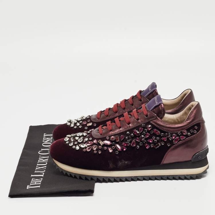 Pre Owned Le Silla Purple Velvet and Leather Crystal Embellished Low Top Sneakers Size 39