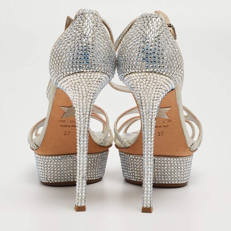 Pre Owned Le Silla Silver Leather and Crystal Embellished Criss Cross Strap Platform Sandals Size 37