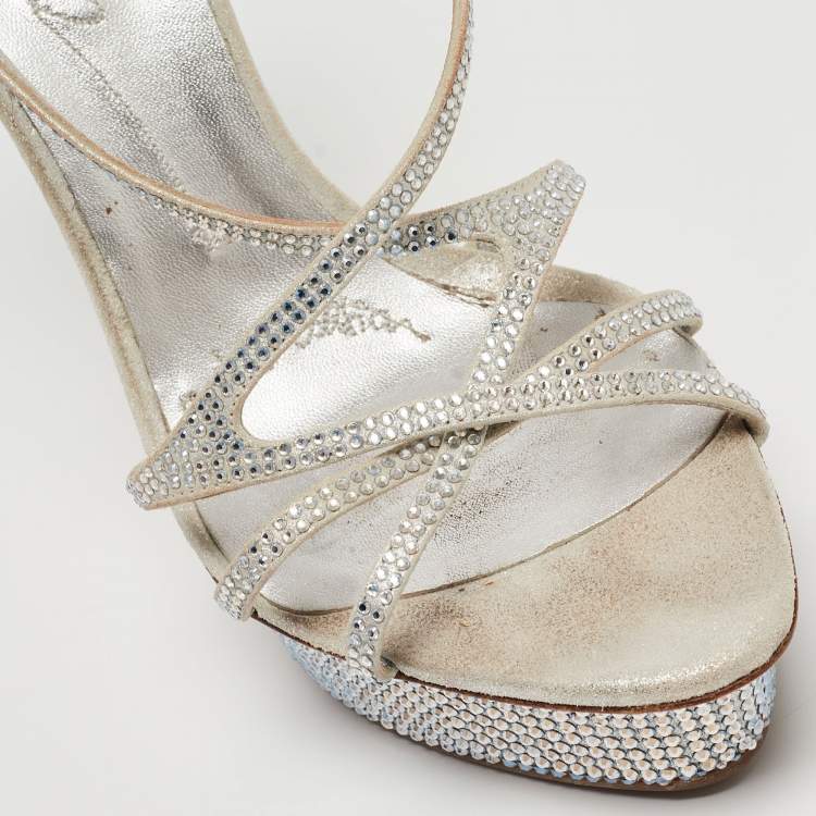 Pre Owned Le Silla Silver Leather and Crystal Embellished Criss Cross Strap Platform Sandals Size 37