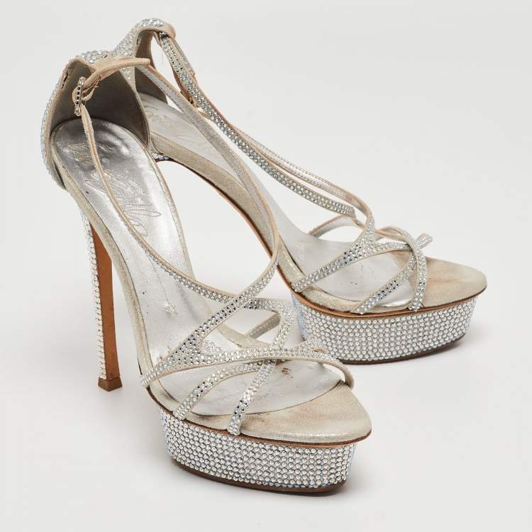 Pre Owned Le Silla Silver Leather and Crystal Embellished Criss Cross Strap Platform Sandals Size 37