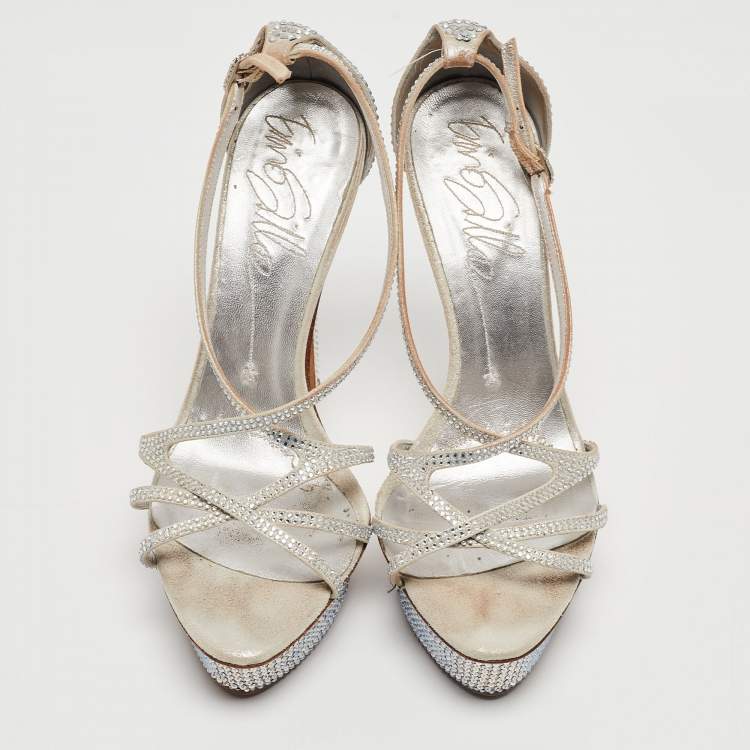 Pre Owned Le Silla Silver Leather and Crystal Embellished Criss Cross Strap Platform Sandals Size 37