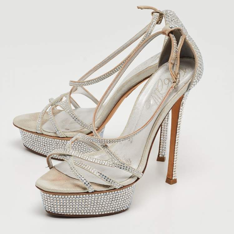 Pre Owned Le Silla Silver Leather and Crystal Embellished Criss Cross Strap Platform Sandals Size 37