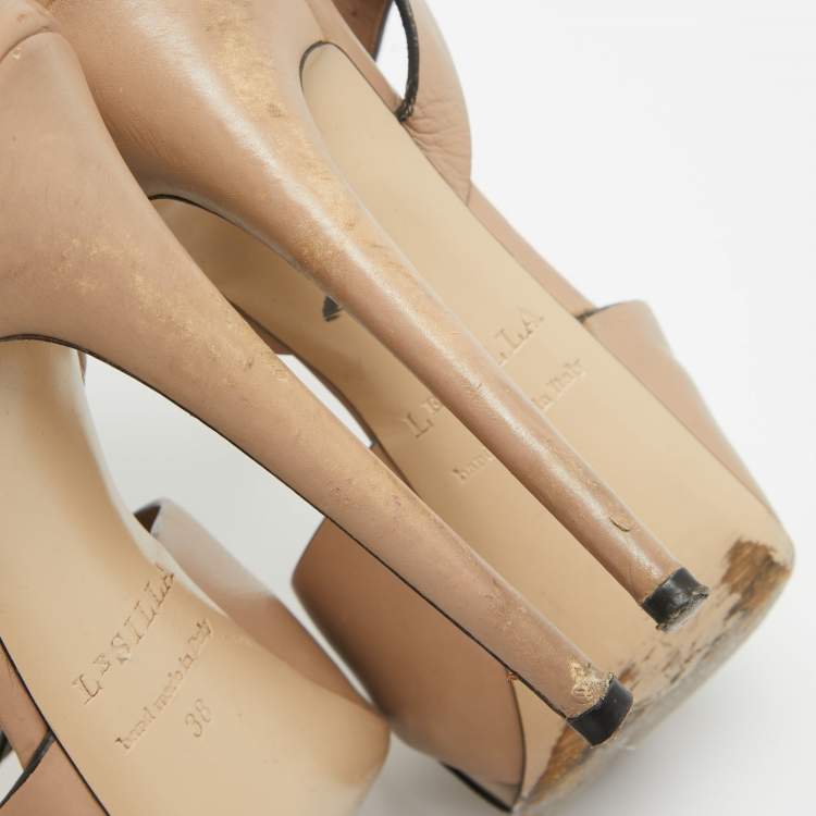 Pre Owned Le Silla Beige Leather Platform Ankle Strap Sandals Size 38