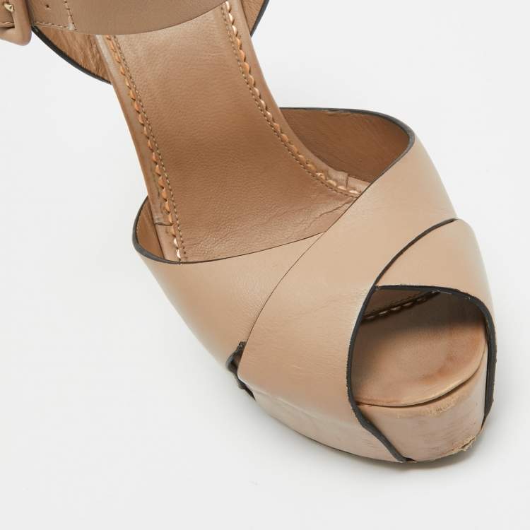 Pre Owned Le Silla Beige Leather Platform Ankle Strap Sandals Size 38