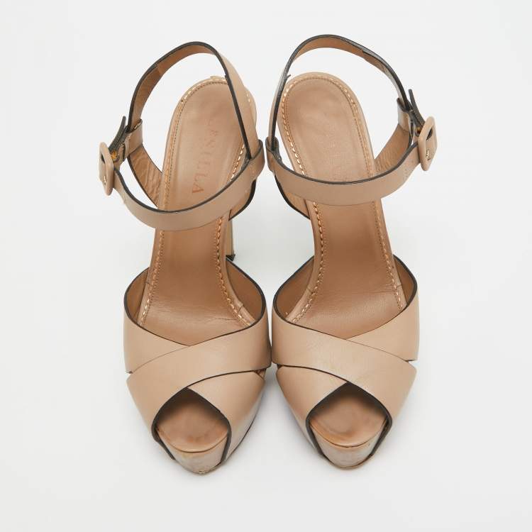 Pre Owned Le Silla Beige Leather Platform Ankle Strap Sandals Size 38