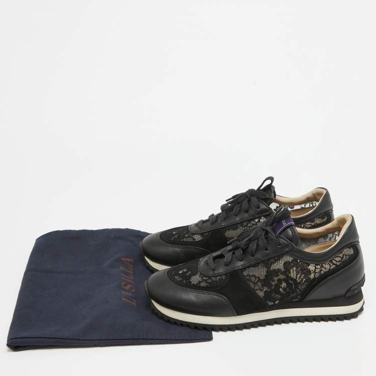 Pre Owned Le Silla Black Leather and Lace Low Up Sneakers Size 39.5