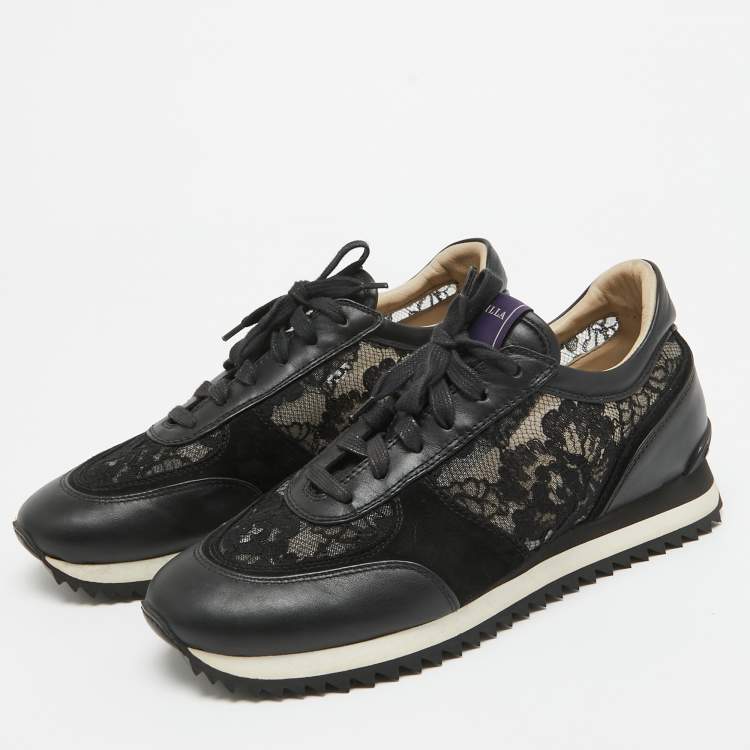 Pre Owned Le Silla Black Leather and Lace Low Up Sneakers Size 39.5