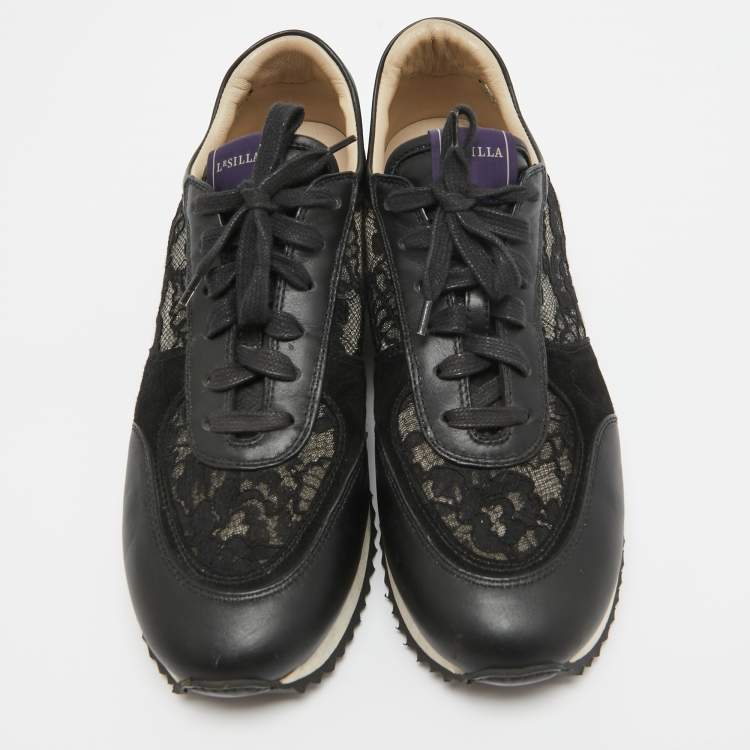 Pre Owned Le Silla Black Leather and Lace Low Up Sneakers Size 39.5