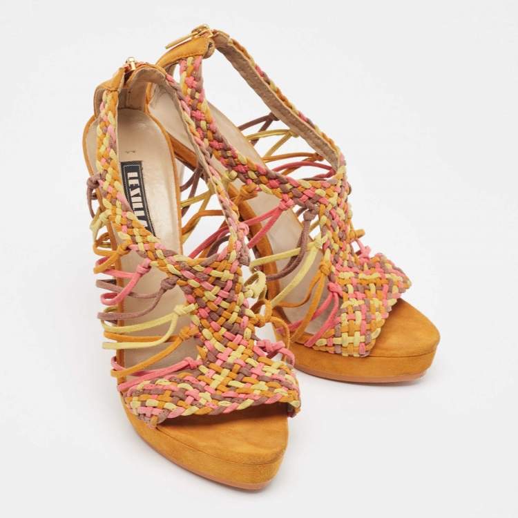 Pre Owned Le Silla Multicolor Suede Woven Platform Sandals Size 36.5