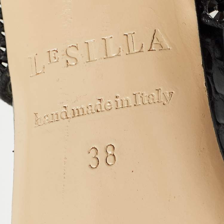 Pre Owned Le Silla Black Suede and Snakeskin Embossed Crystals Embellished Sandals Size 38