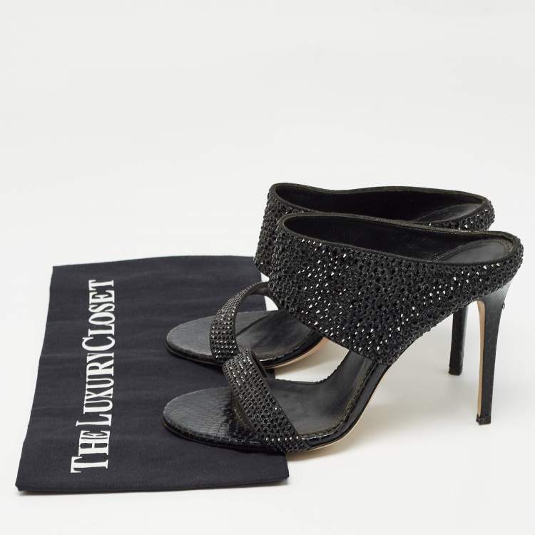 Pre Owned Le Silla Black Suede and Snakeskin Embossed Crystals Embellished Sandals Size 38