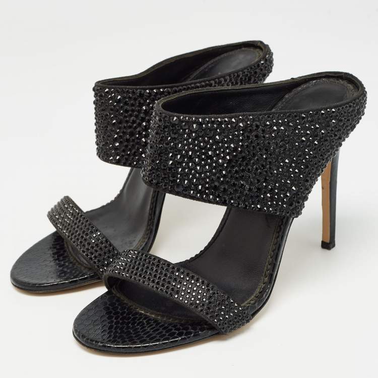 Pre Owned Le Silla Black Suede and Snakeskin Embossed Crystals Embellished Sandals Size 38