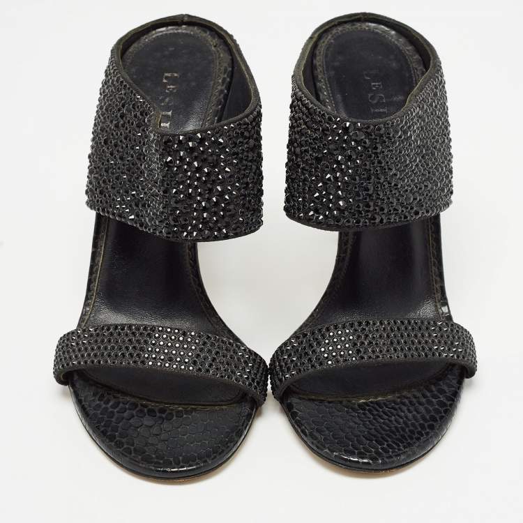 Pre Owned Le Silla Black Suede and Snakeskin Embossed Crystals Embellished Sandals Size 38