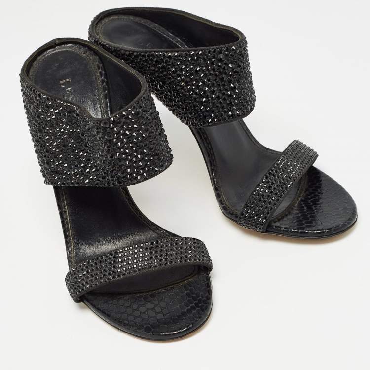 Pre Owned Le Silla Black Suede and Snakeskin Embossed Crystals Embellished Sandals Size 38
