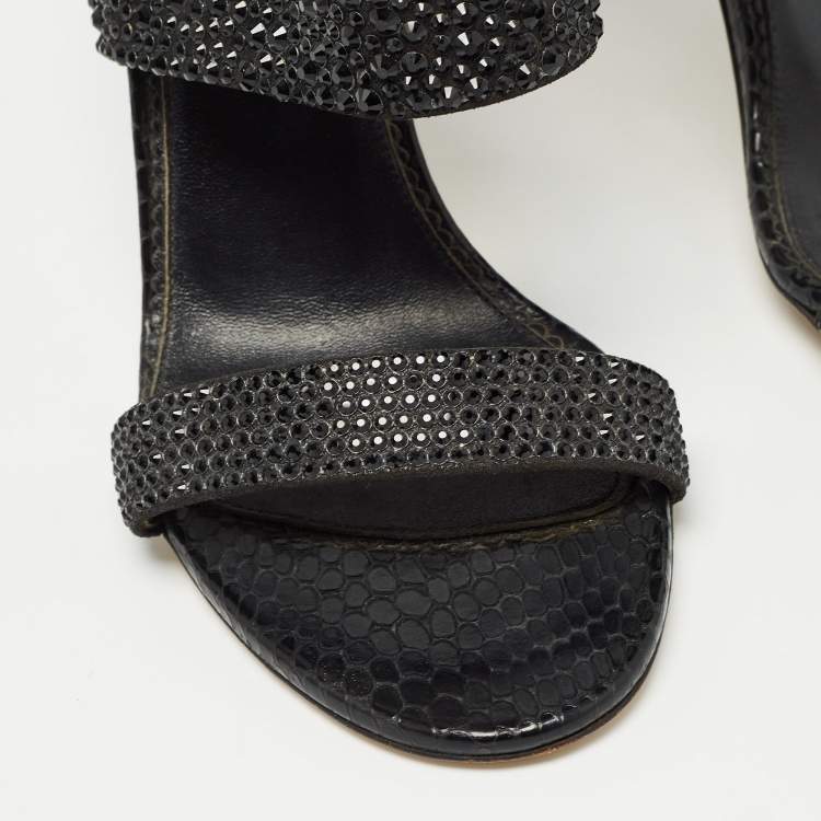 Pre Owned Le Silla Black Suede and Snakeskin Embossed Crystals Embellished Sandals Size 38