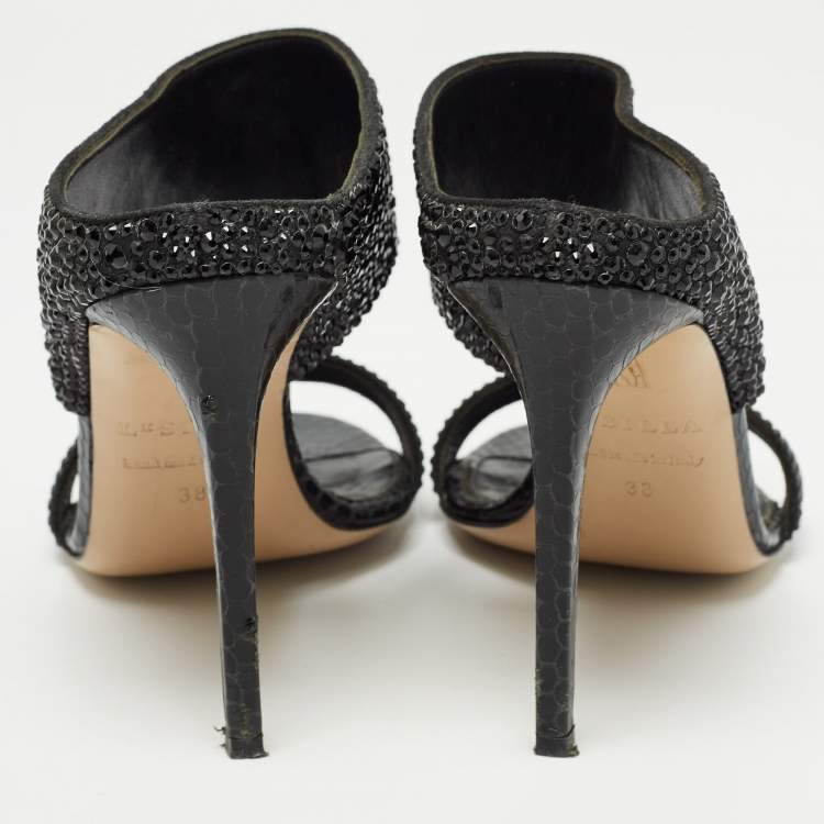 Pre Owned Le Silla Black Suede and Snakeskin Embossed Crystals Embellished Sandals Size 38
