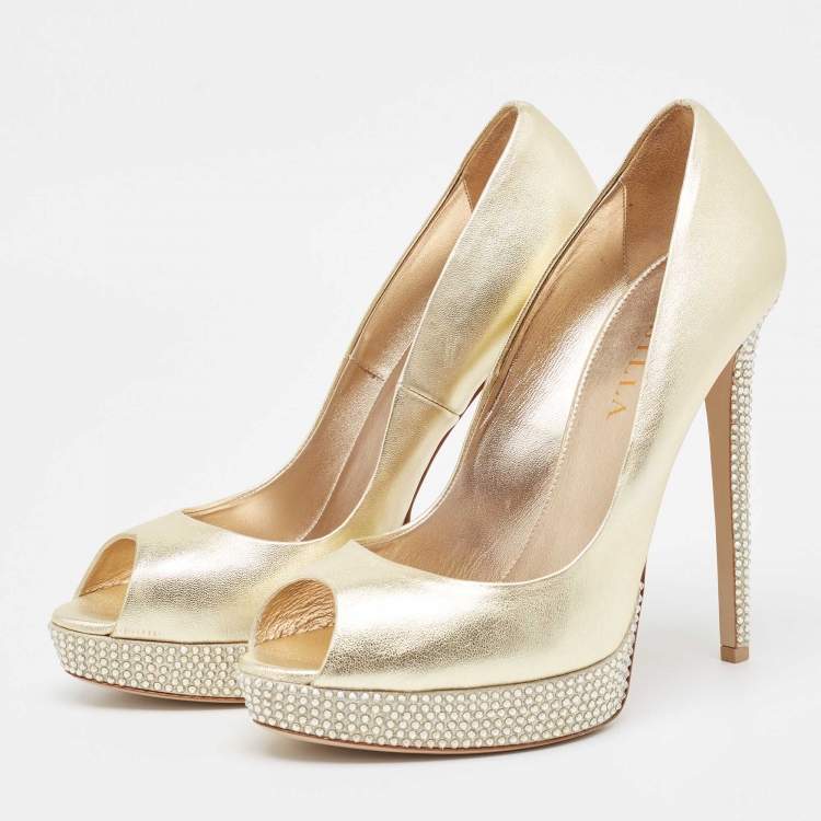 Pre Owned Le Silla Metallic Gold Leather Peep Toe Pumps Size 38.5