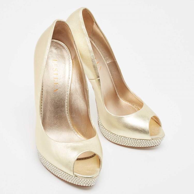 Pre Owned Le Silla Metallic Gold Leather Peep Toe Pumps Size 38.5