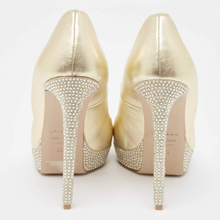 Pre Owned Le Silla Metallic Gold Leather Peep Toe Pumps Size 38.5