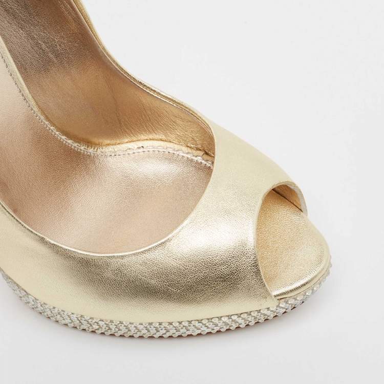 Pre Owned Le Silla Metallic Gold Leather Peep Toe Pumps Size 38.5