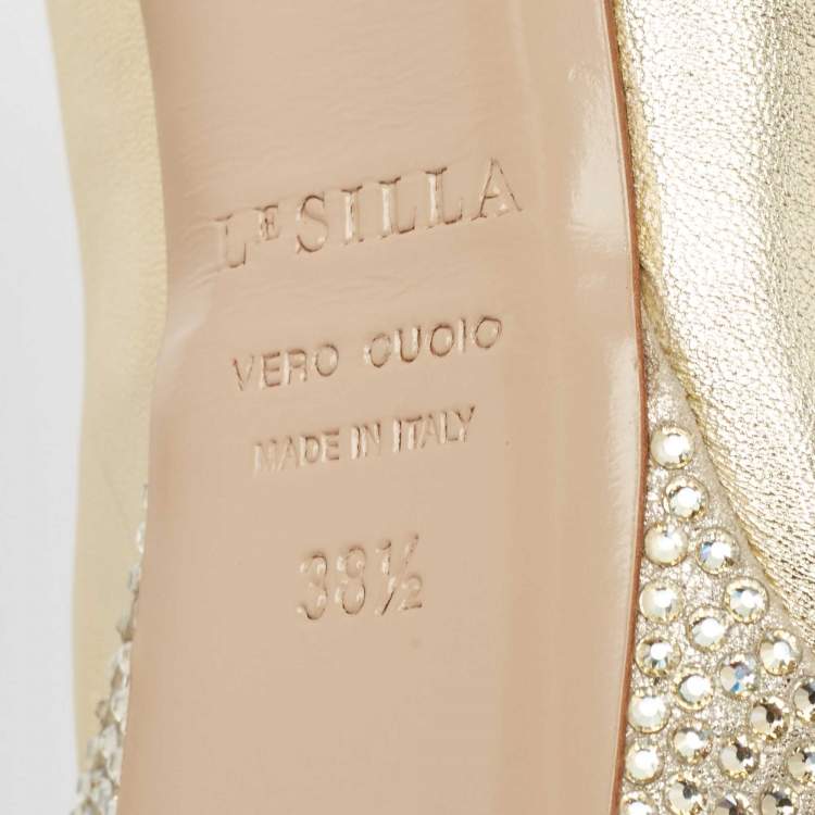 Pre Owned Le Silla Metallic Gold Leather Peep Toe Pumps Size 38.5