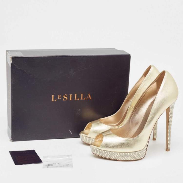 Pre Owned Le Silla Metallic Gold Leather Peep Toe Pumps Size 38.5
