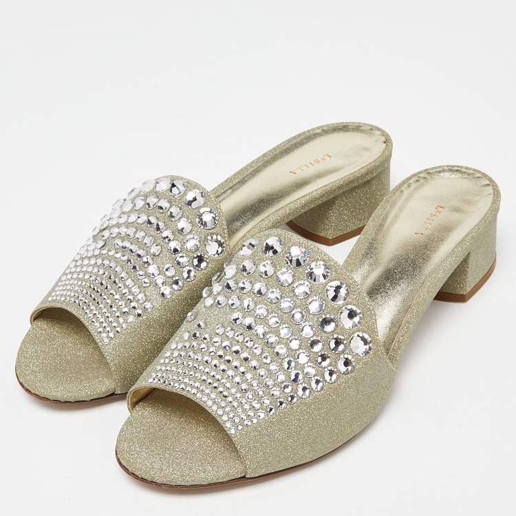 Pre Owned Le Silla Silver Glitter Canvas Crystal Embellished Block Heel Slide Sandals Size 41