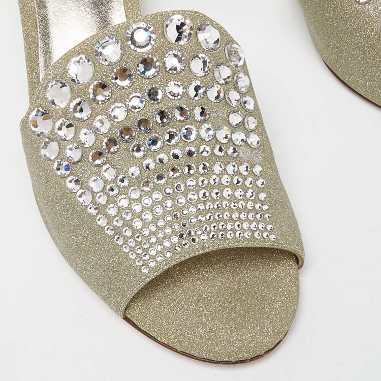 Pre Owned Le Silla Silver Glitter Canvas Crystal Embellished Block Heel Slide Sandals Size 41