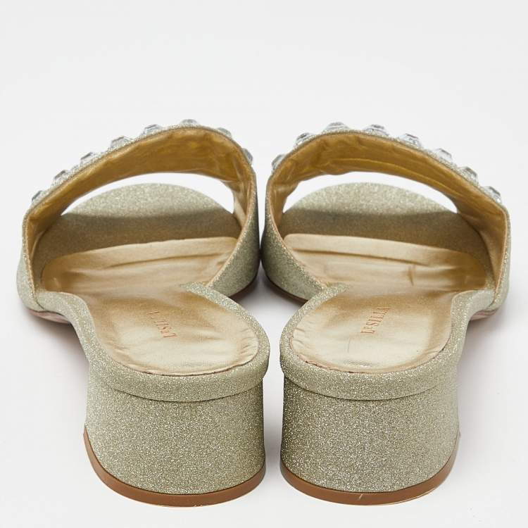 Pre Owned Le Silla Silver Glitter Canvas Crystal Embellished Block Heel Slide Sandals Size 41