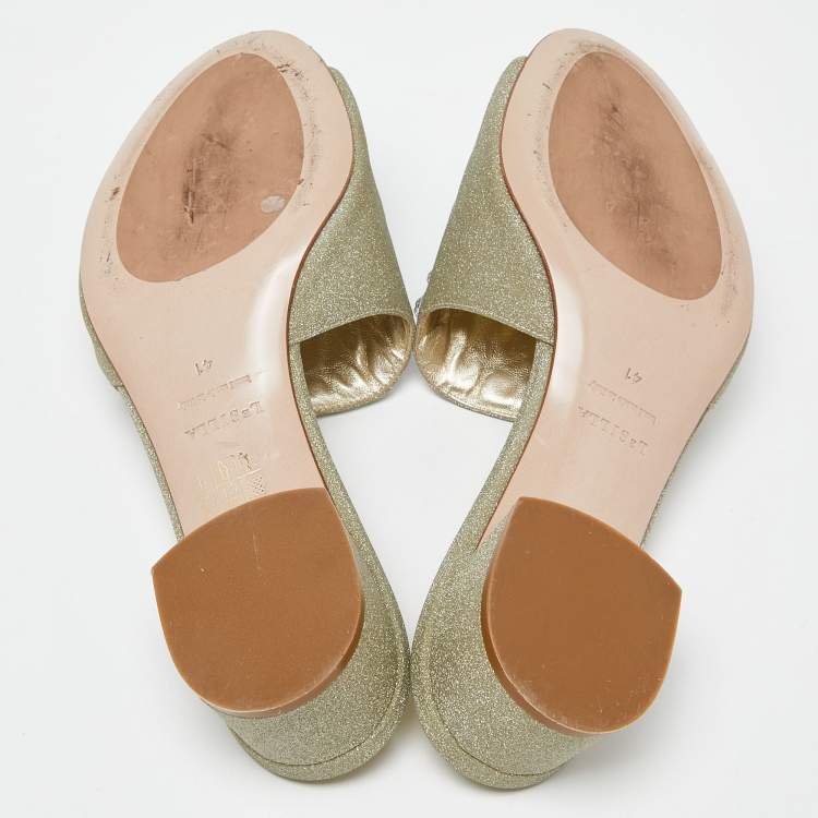 Pre Owned Le Silla Silver Glitter Canvas Crystal Embellished Block Heel Slide Sandals Size 41