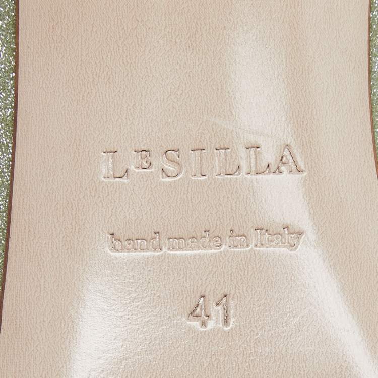 Pre Owned Le Silla Silver Glitter Canvas Crystal Embellished Block Heel Slide Sandals Size 41