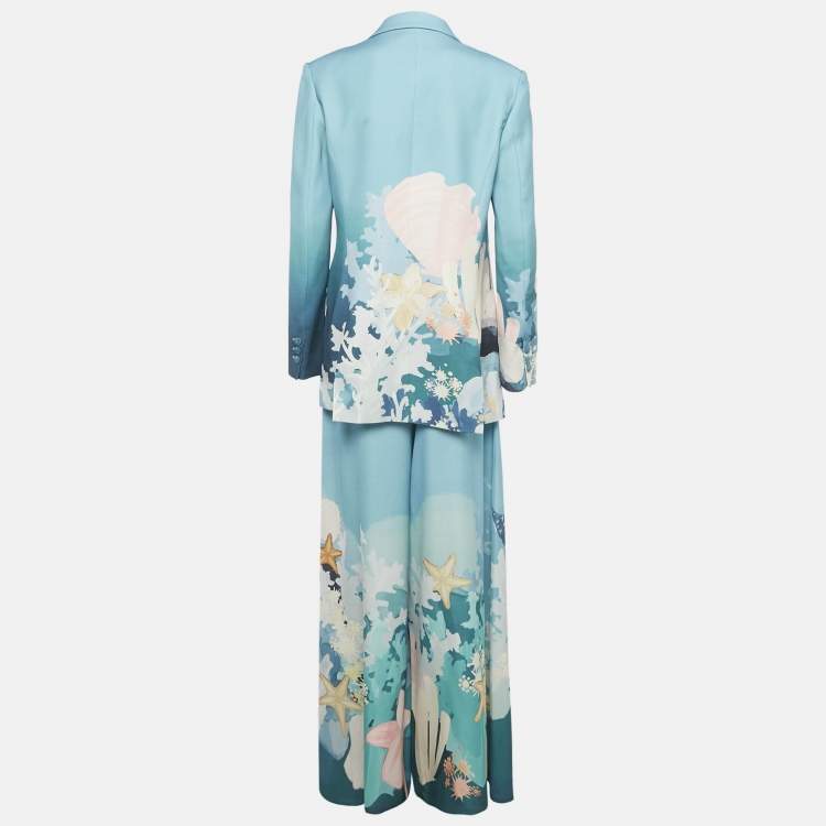 Pre Owned Leo Lin Blue /Green Printed Crepe Judy Blazer & Pants Set M