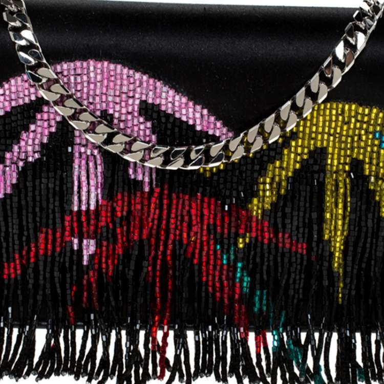 Pre Owned Les Petits Joueurs Black Ginny Palms Fringe Chain Clutch