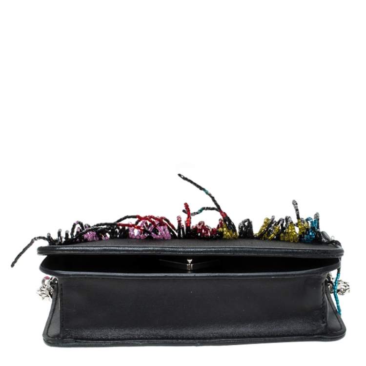 Pre Owned Les Petits Joueurs Black Ginny Palms Fringe Chain Clutch