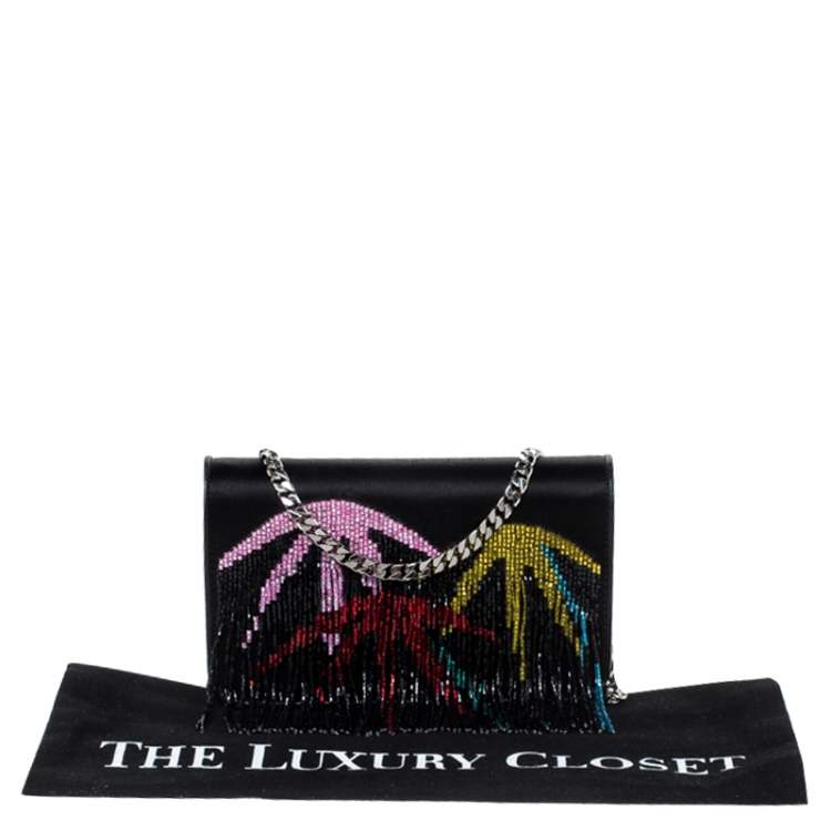 Pre Owned Les Petits Joueurs Black Ginny Palms Fringe Chain Clutch