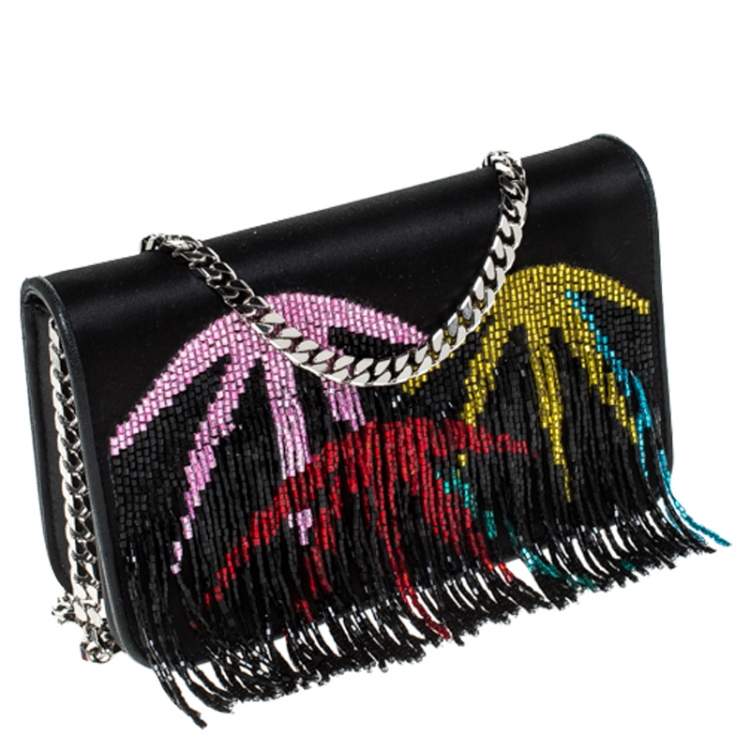 Pre Owned Les Petits Joueurs Black Ginny Palms Fringe Chain Clutch