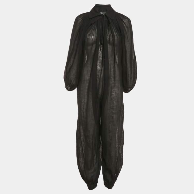 Pre Owned Lisa Marie Fernandez Black Organic Linen Belted Sheer Jumpsuit M