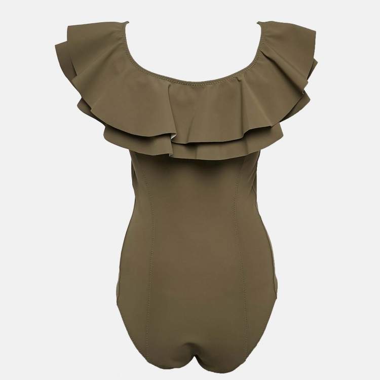 Pre Owned Lisa Marie Fernandez Green Jersey Ruffled Swimsuit M