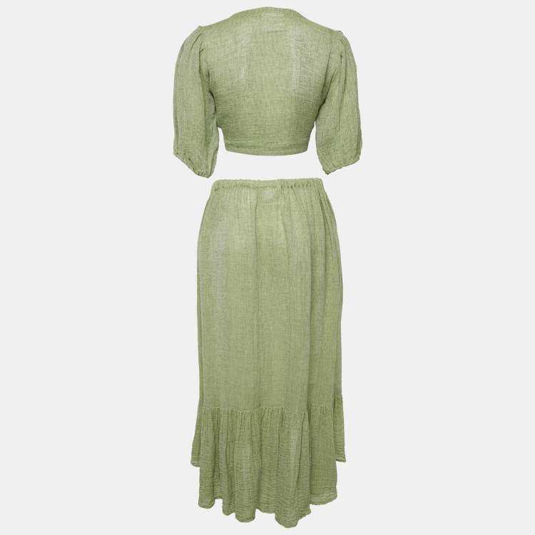 Pre Owned Lisa Marie Fernandez Green Textured Linen Wrap Top and Skirt Set M