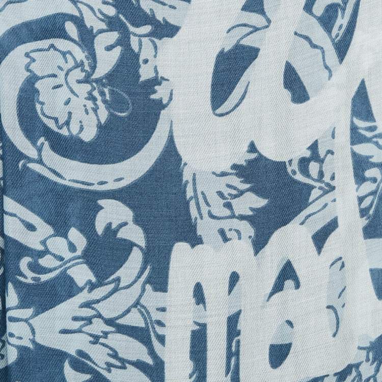 Pre Owned Loewe Blue Print Cotton and Cashmere Fringed Scarf
